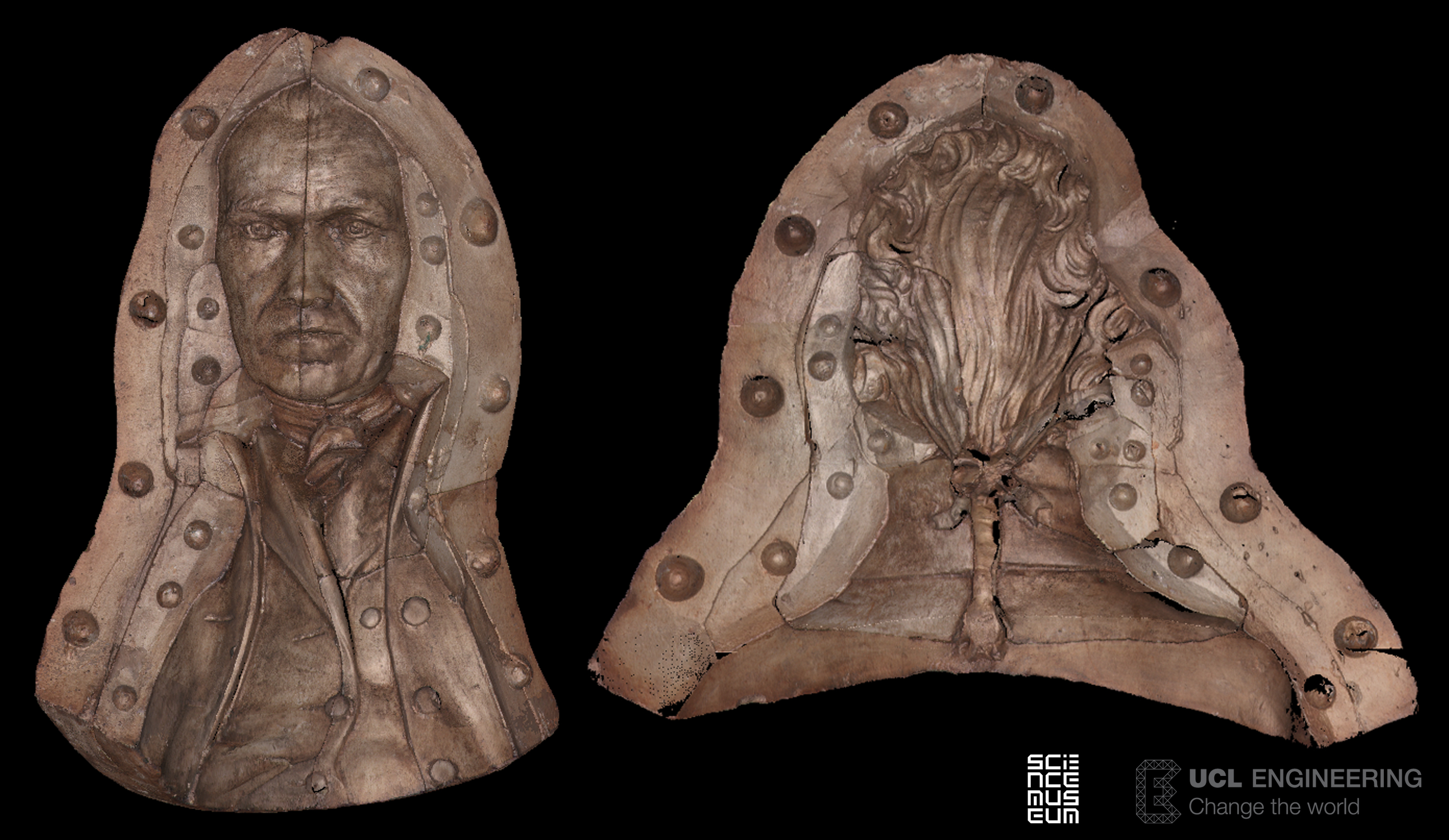 Image: 3D coloured scan of the object, the negative cast form