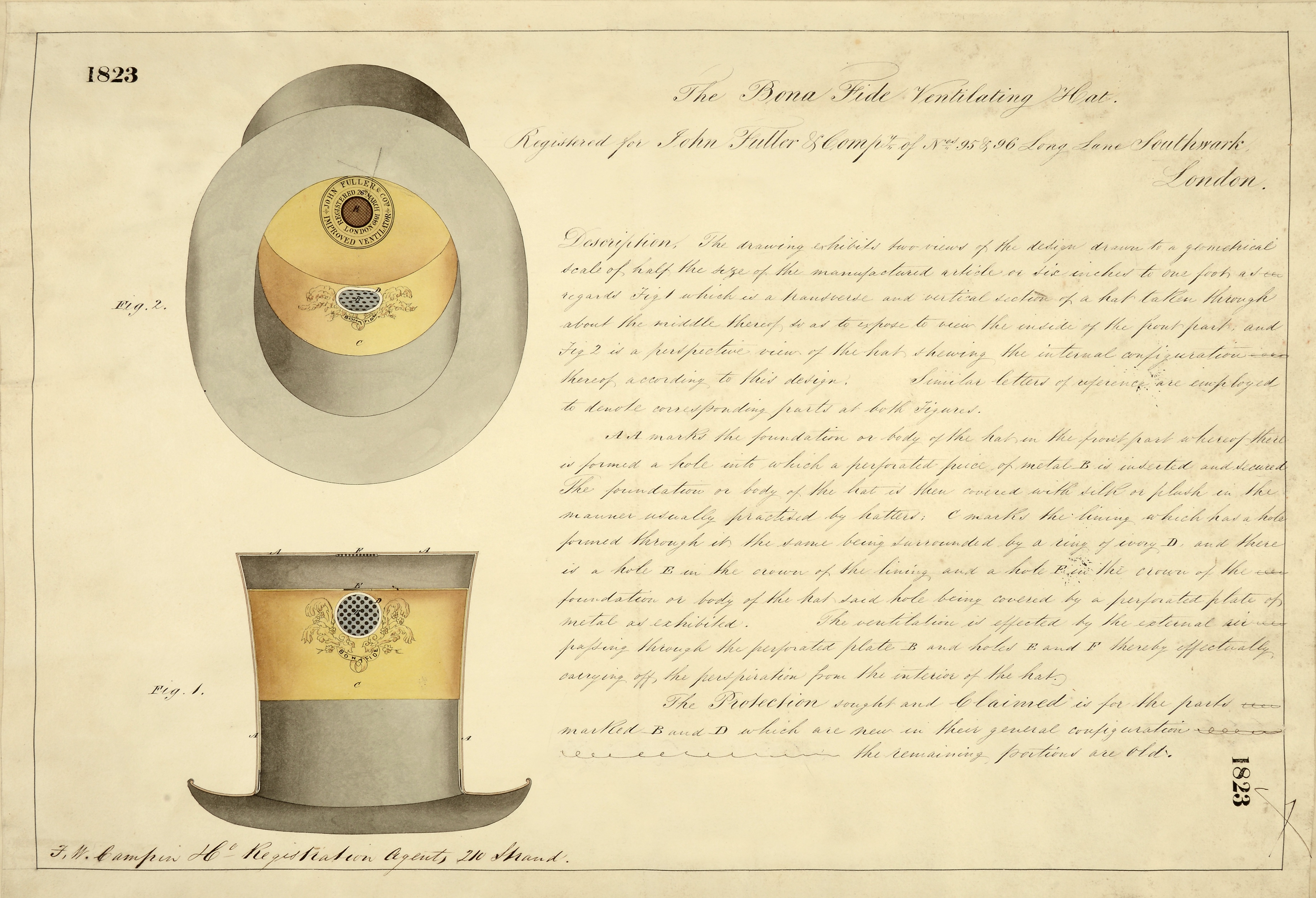 Image: BT 45/10 (1823) – Ventilating Hat – Top hats were heavy and heads could get quite hot – a combination of perspiration and hair oil could lead to an unpleasant atmosphere. The Bona Fide Ventilating Hat, which featured a system of grilles, aimed to solve this problem by ‘carrying off perspiration from the interior’